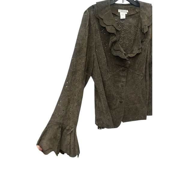 Coldwater Creek Suede Leather Jacket Size 2X Eyelet Ruffle Neck Y2K Boho Green - Picture 3 of 6